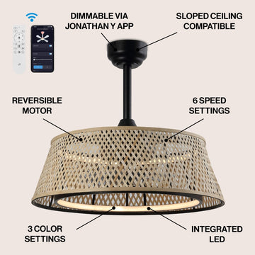 Cressida 23.75" Traditional Bohemian 6-Speed Metal/Bamboo Mobile-App/Remote-Controlled Height-Adjustable Dimmable Caged Integrated LED Ceiling Fan - JONATHAN Y